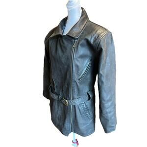 Vintage Pops Leather belted jacket with brass belt size medium